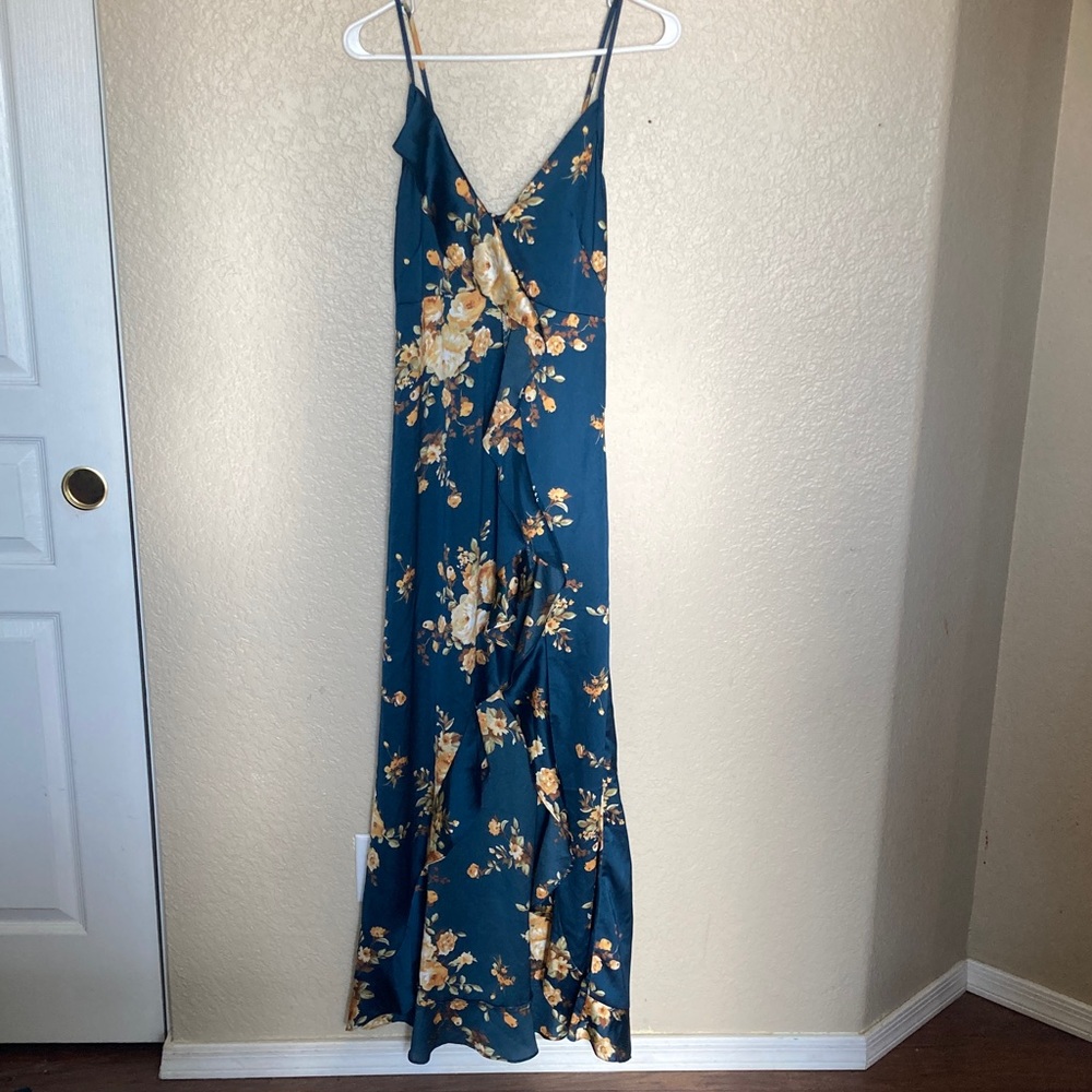 AZOE Floral Dress Ruffles Large Slit down one side Blue and Yellow Size Small